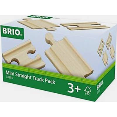Eine Verpackung des BRIO Mini Straight Track Pack mit zwei geraden Holzschienen-Stücken für Eisenbahnen, geeignet für Kinder ab 3 Jahren.