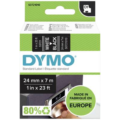 Dymo-Etikettenverpackung: 24 mm x 7 m, schwarze Schrift auf weißem Hintergrund, hergestellt in Europa, 80% recycelte Materialien.