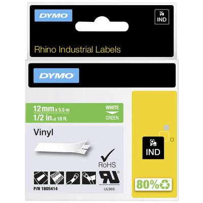 'DYMO' Verpackung für Rhino Industrial Labels. Weißes Vinylband, 12mm x 5,5m. Enthält Umwelt- und Sicherheitszertifizierungen.