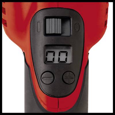 Ein roter elektronischer Spannungsmesser zeigt '00' auf digitalem Display, mit Plus- und Minustaste darunter.