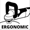 Eine ergonomische Handfräse wird gezeigt. Darunter steht in großen Buchstaben 'ERGONOMIC', was die Benutzerfreundlichkeit betont.