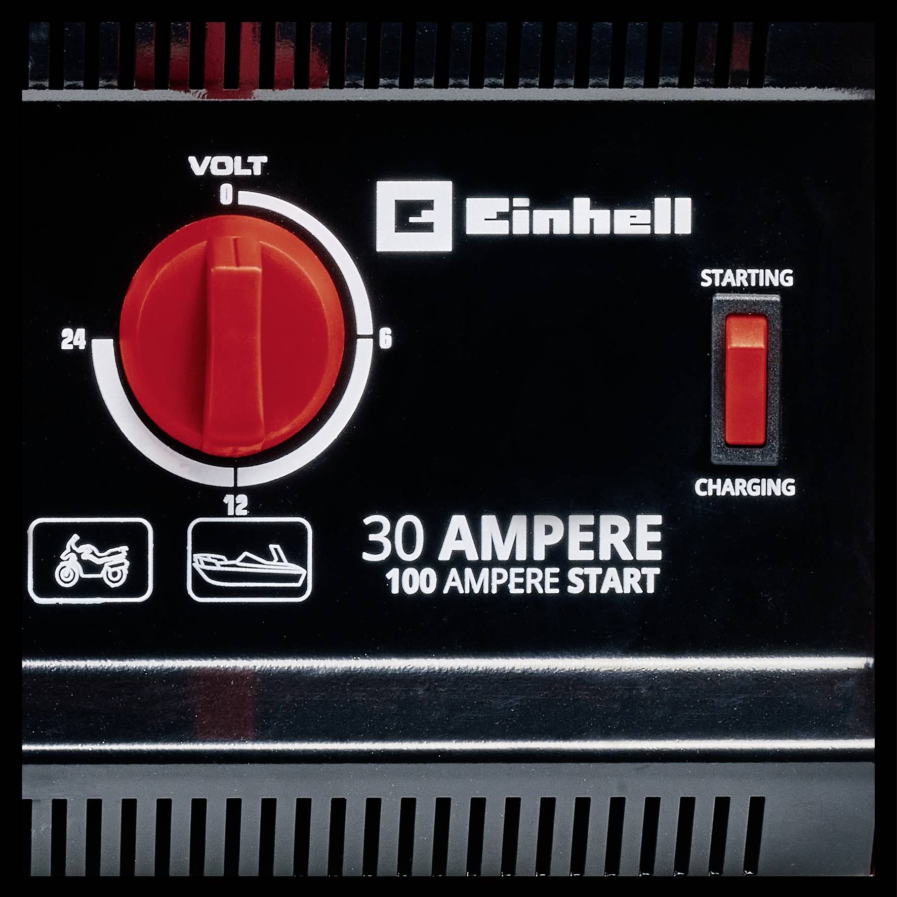 Ein Batterieladegerät-Display zeigt einen roten Drehknopf für Spannungen 6/12/24 Volt, eine Starttaste und Symbole für Auto- und Bootsnutzung.
