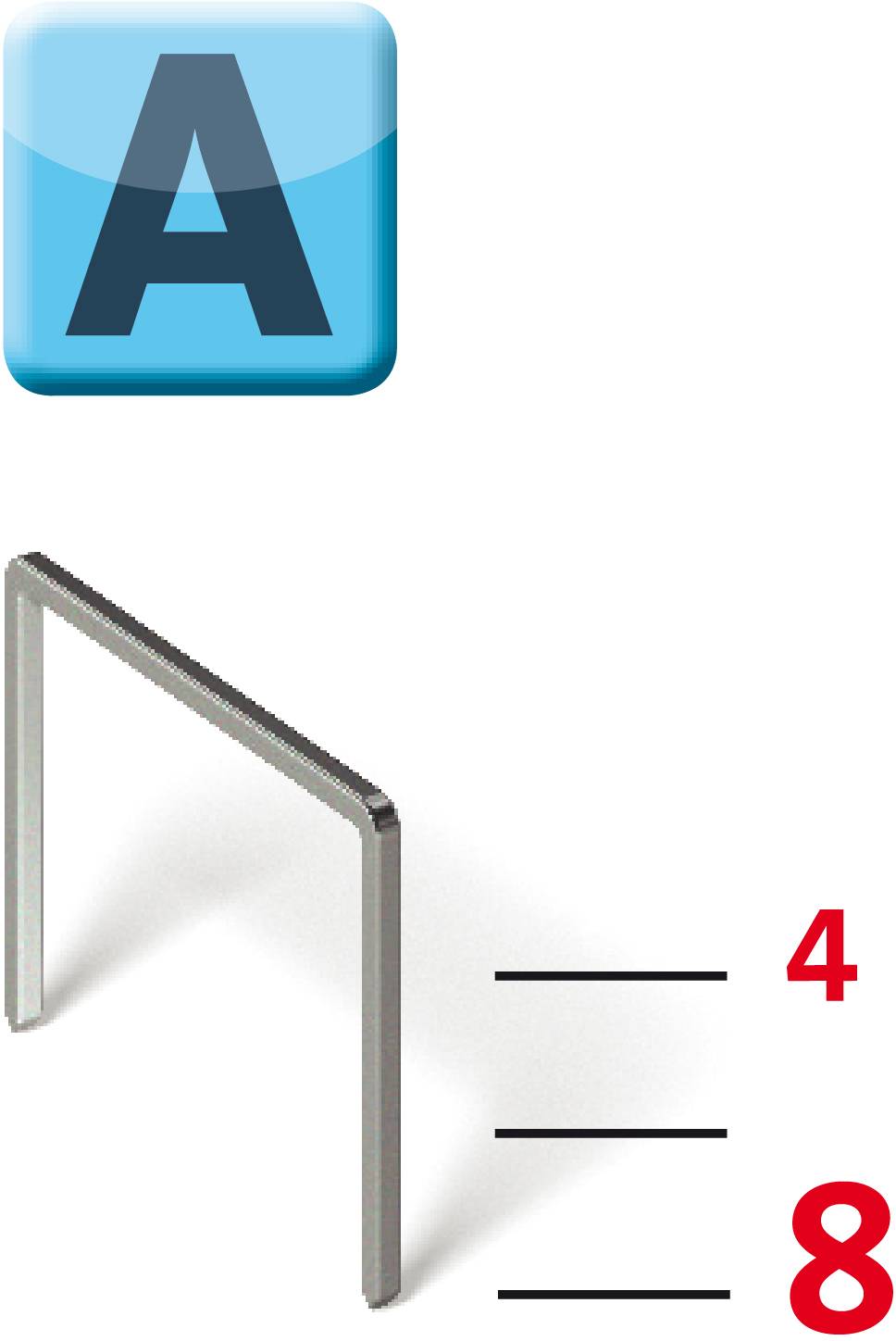 Das Bild zeigt ein türförmiges Objekt mit der Zahl '4' rechts daneben und der Zahl '8' darunter. Oben links ist ein blaues 'A'.