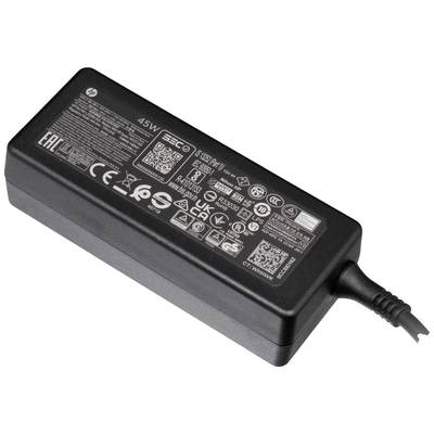 Schwarzes Laptop-Netzteil mit mehreren Zertifizierungslogos und technischen Spezifikationen auf der Oberseite. Kabel ist an der Seite angeschlossen.