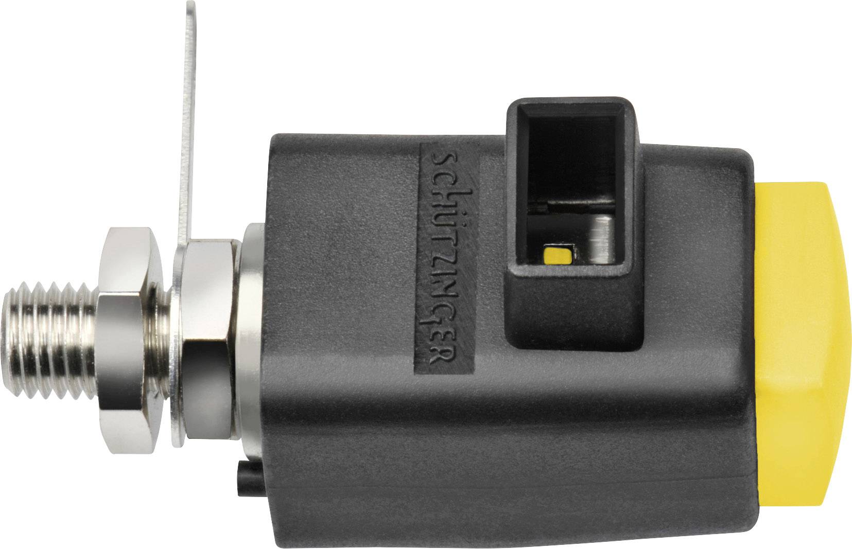 Industrielle Sensor: Schwarz-Gelbes Gehäuse mit Montagehalterung, Gewindeanschluss links, rechteckige Bauform, Aufschrift 'Schutzinger'. Ideal für Maschinenüberwachung.