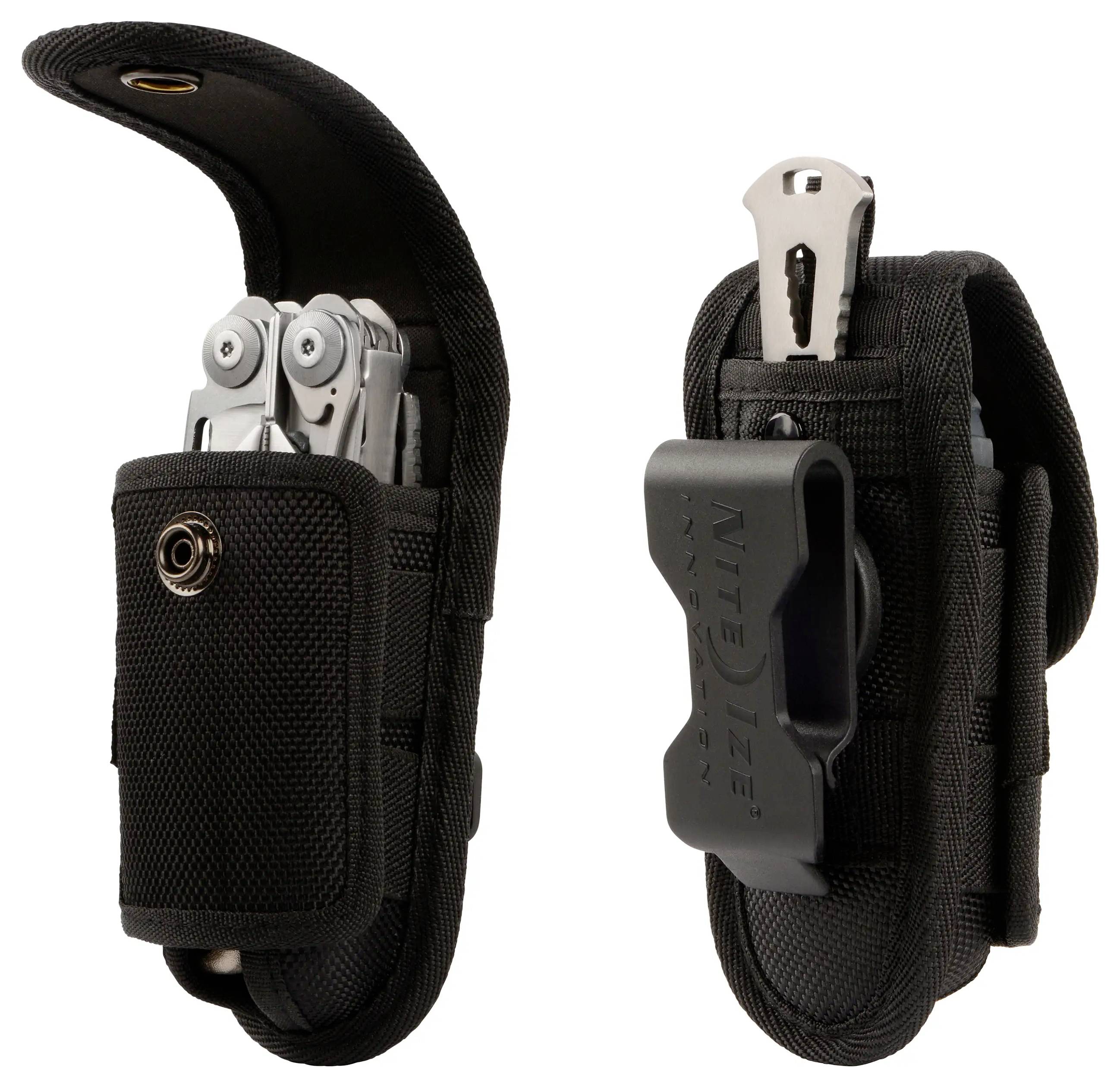 Schwarze Multitool-Tasche mit Druckknopfverschluss und Gürtelclip, aus zwei Perspektiven dargestellt. Die Tasche enthält ein silbernes Multitool, das teilweise sichtbar ist.