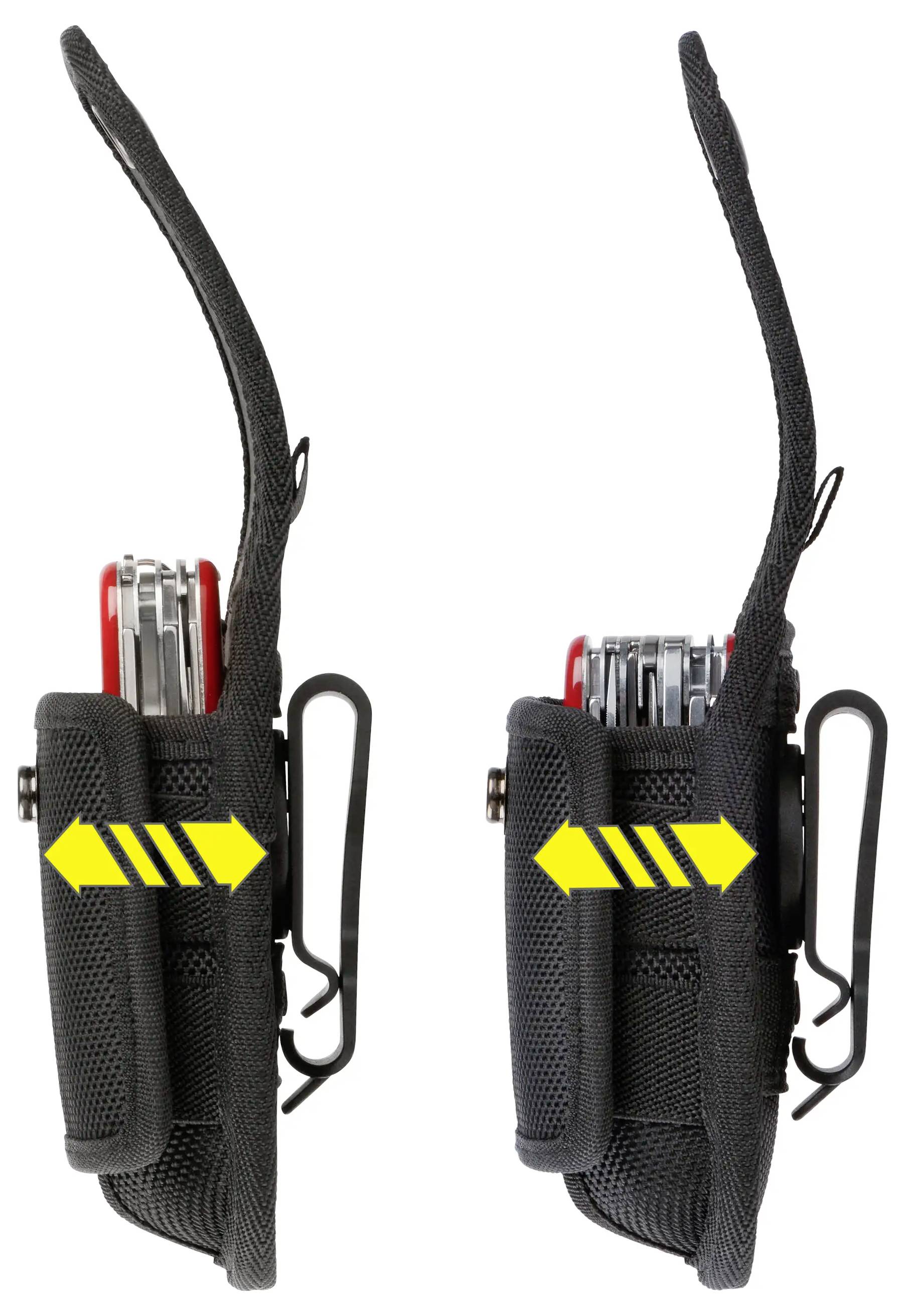 Zwei nebeneinander liegende Bilder zeigen ein Multitool in einer schwarzen Nylontasche. Die Seitenpanels der Tasche dehnen sich aus, was durch gelbe Pfeile angezeigt wird.