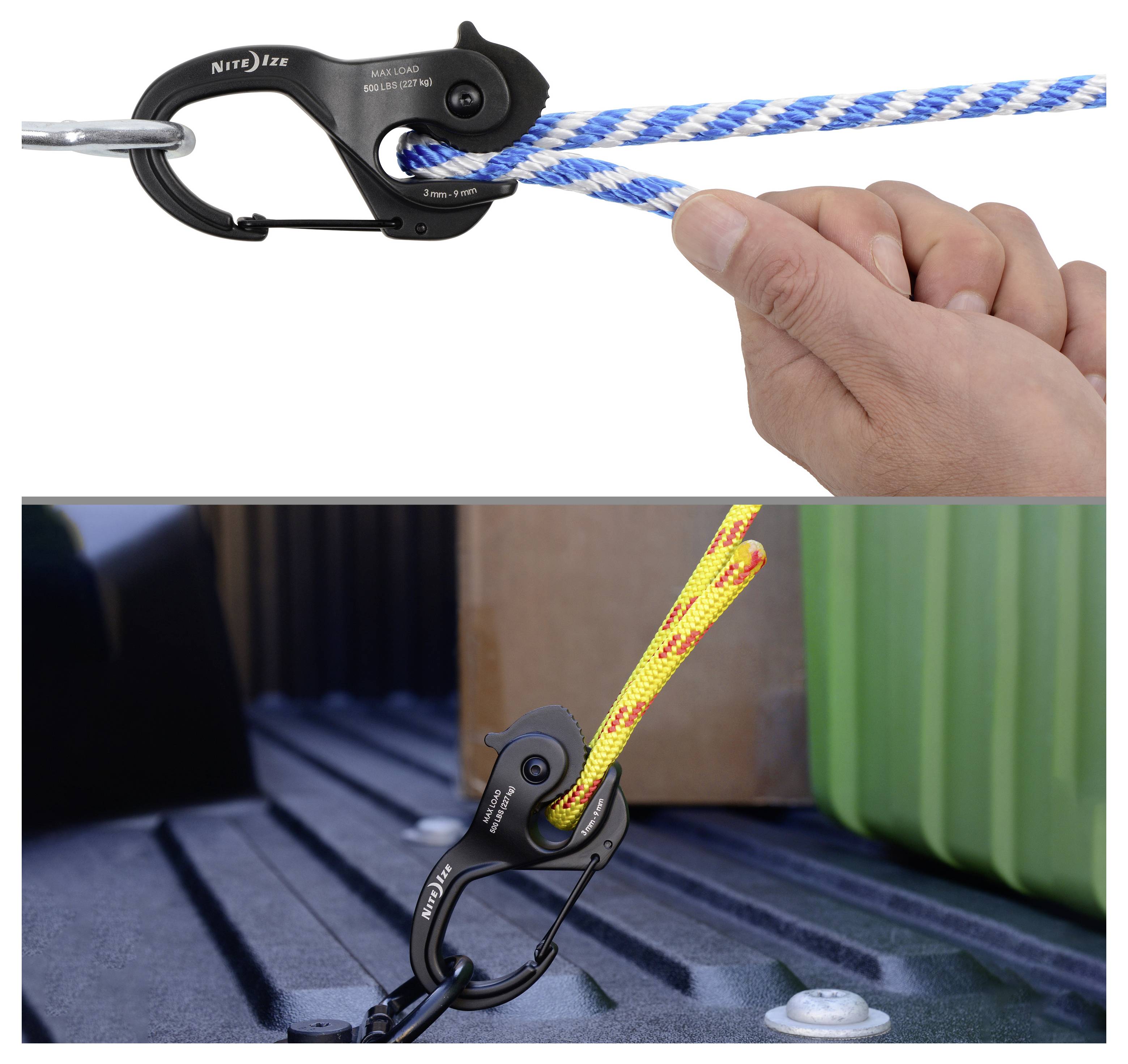 Ein schwarzer Clip sichert ein blaues und weißes Seil. Unten sichert ein ähnlicher Clip ein gelbes Seil auf der Ladefläche eines Lastwagens und demonstriert so die vielseitige Verwendung.