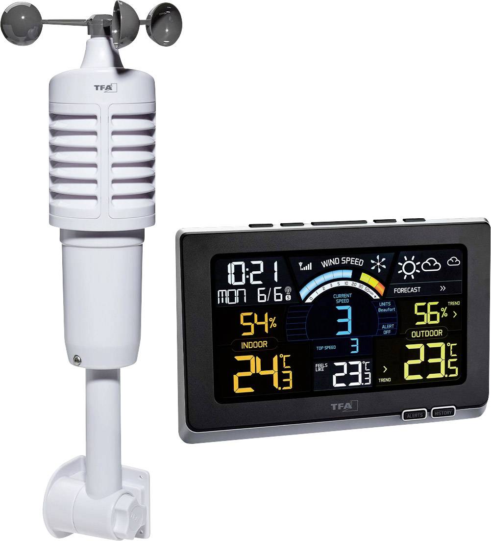 Ein digitales Wetterstation-Set zeigt Temperatur, Luftfeuchtigkeit, Windgeschwindigkeit und Wettervorhersage.