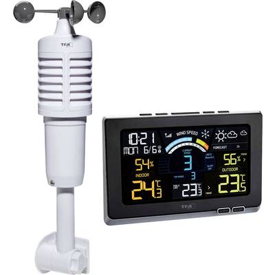 Ein digitales Wetterstation-Set zeigt Temperatur, Luftfeuchtigkeit, Windgeschwindigkeit und Wettervorhersage.