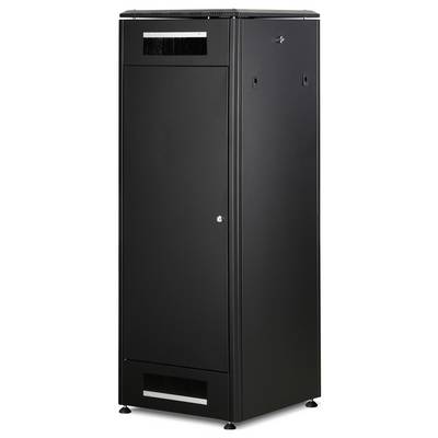 Schwarzer Server-Schrank mit verschlossener Tür und Belüftungsöffnungen oben und unten, geeignet für IT-Hardware in Rechenzentren.