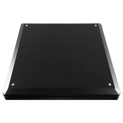 Ein geschlossenes, schwarzes Laptop von oben betrachtet. Es ist quadratisch mit abgeschrägten Ecken und silberfarbenen Akzenten an den Ecken.