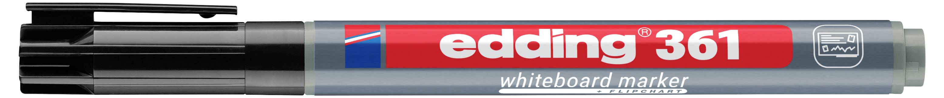 Ein Whiteboard-Marker mit der Bezeichnung „edding 361" mit schwarzer Kappe und grauem Schaft.
