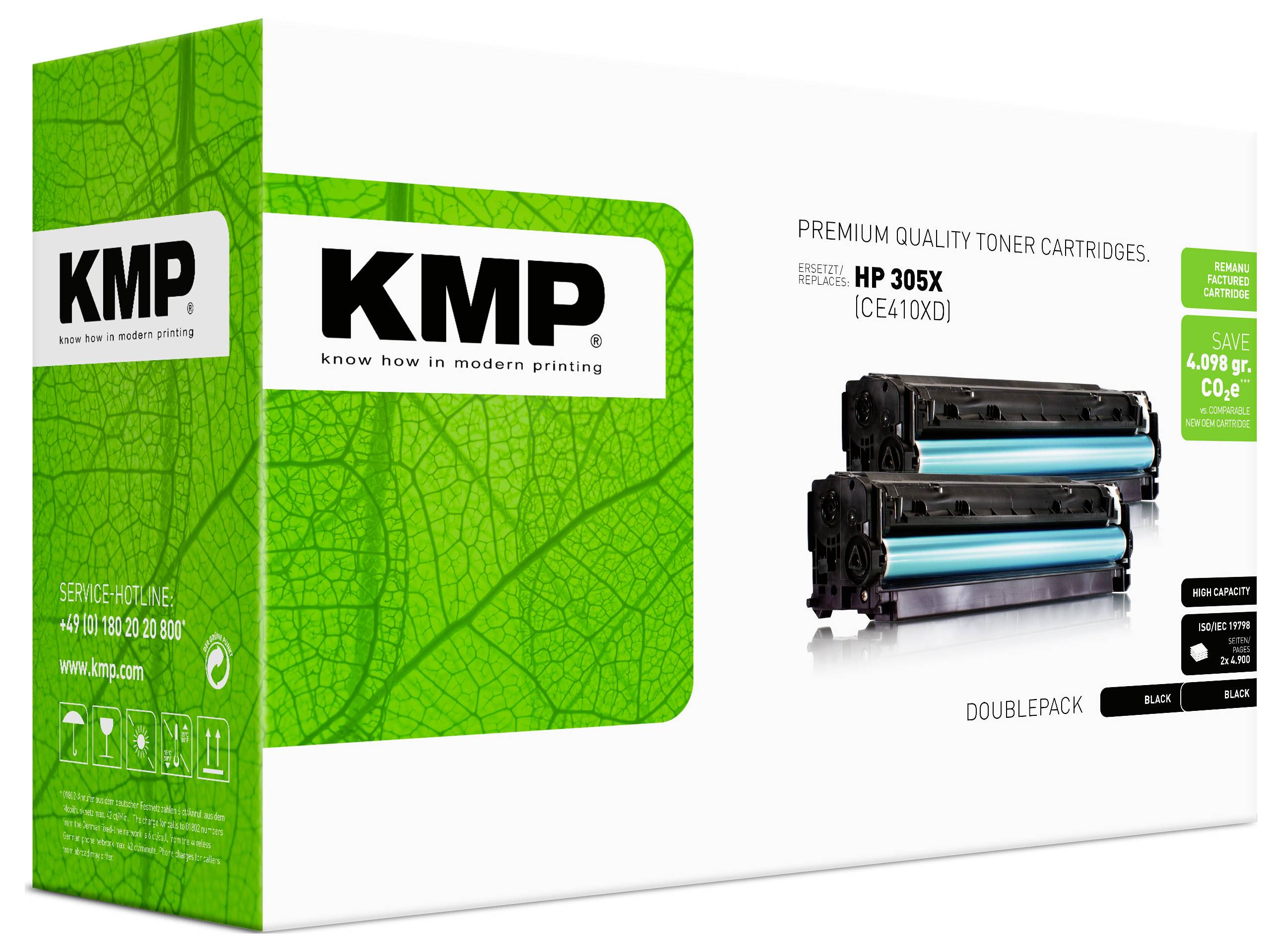 KMP Premium-Qualität Tonerpatronen für HP 305X, mit zwei schwarzen Tonerpatronen auf einer weißen Verpackung mit grünem Branding.