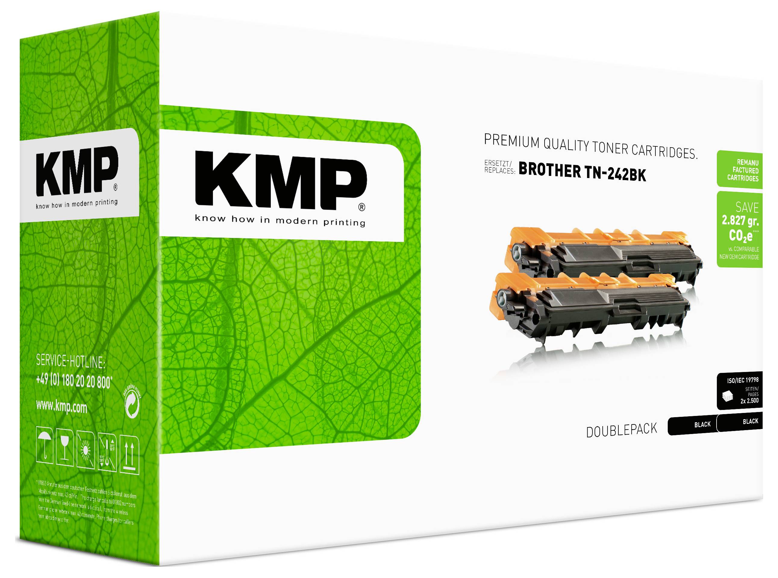 KMP Premium-Qualitäts-Tonerpatronen-Box für Brother TN-242BK, zeigt eine schwarze Tonerpatrone und Verpackung in Grün und Weiß.
