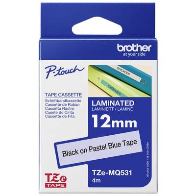 Verpackung für Brother P-touch Schriftbandkassette, laminiert, 12 mm breit, schwarz auf pastellblauem Band, 4 m Länge.