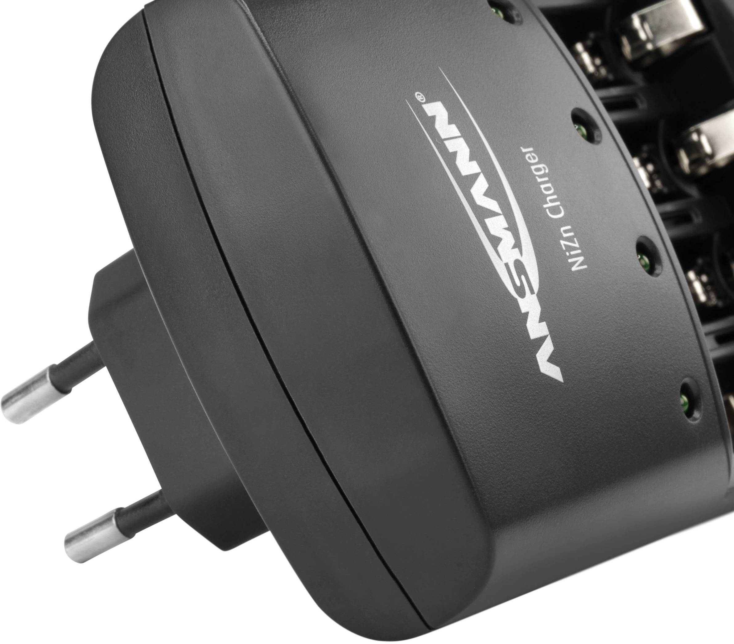 Schwarzes ANSMANN NiZn-Ladegerät mit zwei sichtbaren Steckkontakten, geeignet für das Laden von NiZn-Akkus.