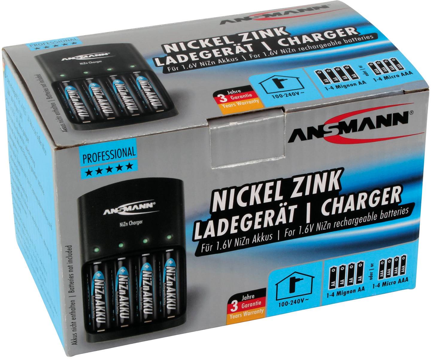 Ladegerät mit vier eingelegten Nickel-Zink-Akkus, Verpackungstext: 'Nickel Zink Ladegerät/Charger'. Enthält Angaben zur Garantie und Kompatibilität.