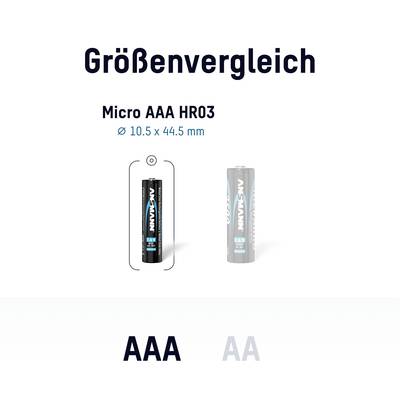 'Größenvergleich': Eine AAA-Batterie mit den Maßen 10,5 x 44,5 mm neben einer AA-Batterie dargestellt.