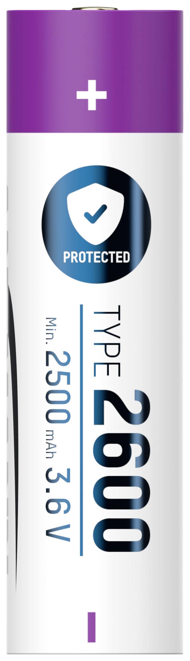 Eine zylindrische Batterie mit der Aufschrift 'TYPE 2600', Kapazität '2500 mAh', Spannung '3.6V'. Oberseite violett mit '+' Symbol.