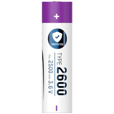 Eine zylindrische Batterie mit der Aufschrift 'TYPE 2600', Kapazität '2500 mAh', Spannung '3.6V'. Oberseite violett mit '+' Symbol.