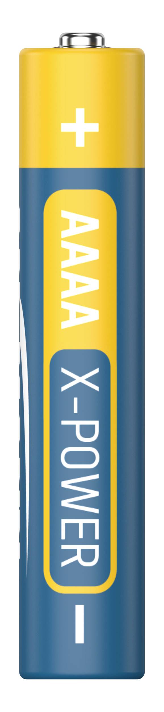 Batterie der Größe AAAA mit gelbem und blauem Label, markiert mit 'X-Power'. Plus und Minus-Pole oben und unten sichtbar.