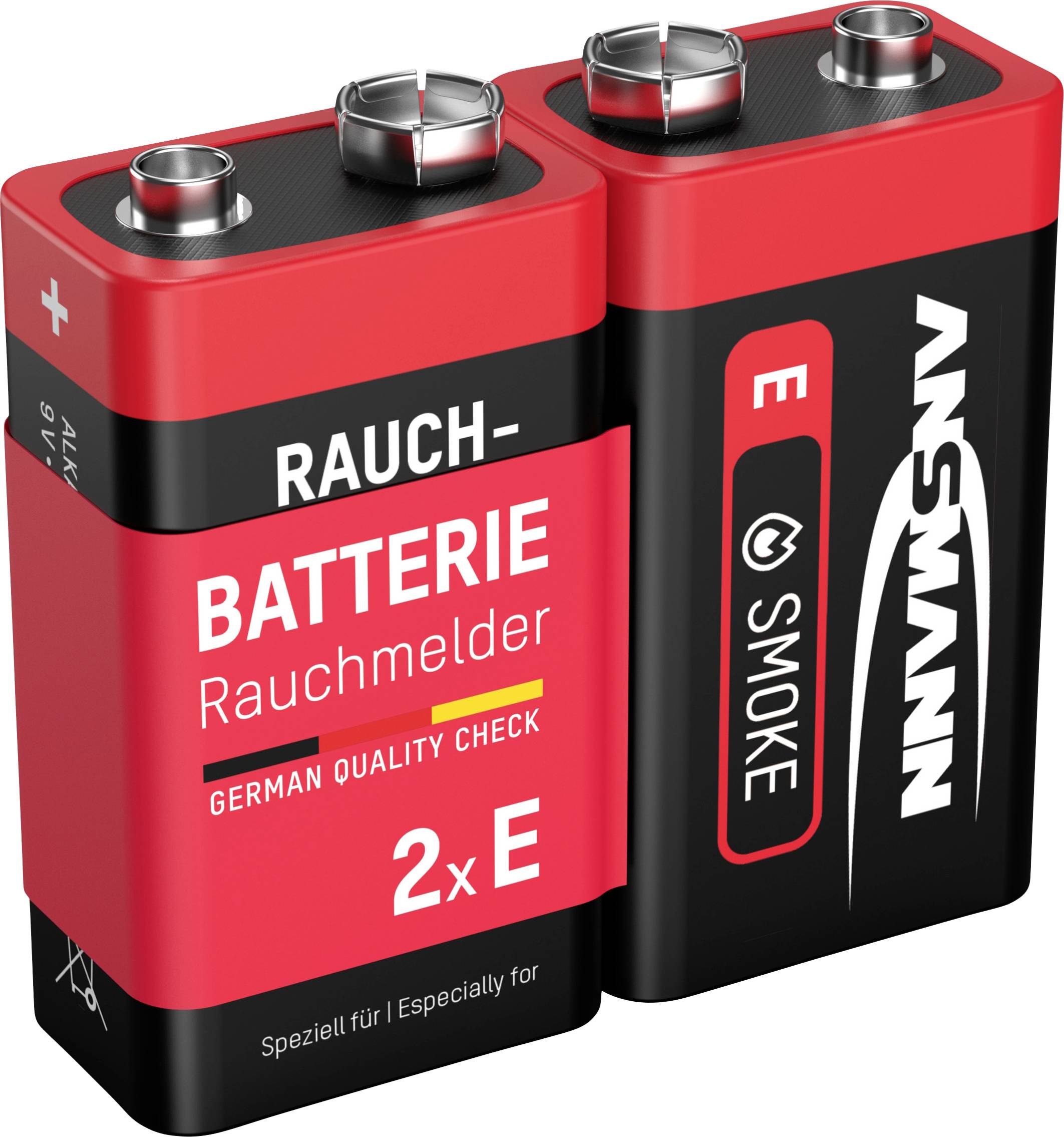 Zwei rote 9V-Batterien für Rauchmelder, mit Beschriftung 'German Quality Check', passend für Rauchmelder und andere Geräte.