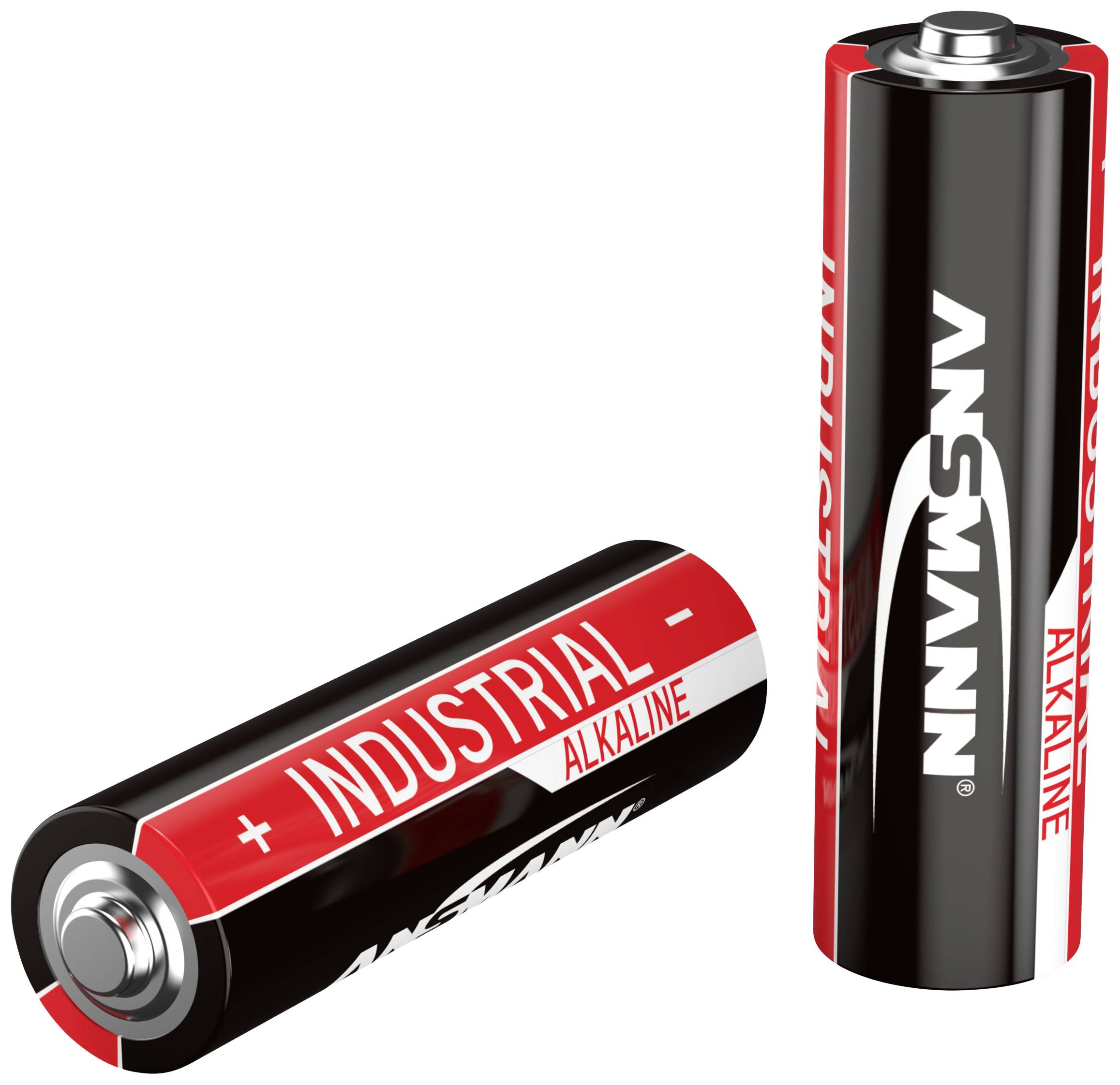 Zwei AA-Batterien, eine steht aufrecht, die andere liegt. Beide sind mit 'Alkaline Industrial' beschriftet und von der Marke Ansmann.