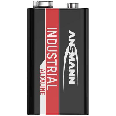 Eine rechteckige schwarze Batterie mit rotem Streifen; der Text 'Industrial Alkaline' und ein Logo sind auf der Vorderseite sichtbar.