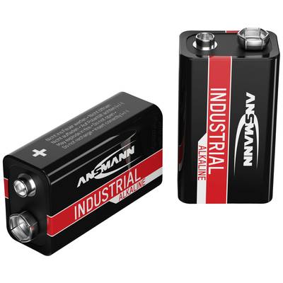 Zwei schwarze 9V-Batterien der Marke 'Ansmann', mit rotem und weißem 'Industrial Alkaline'-Aufdruck, Vorder- und Rückansicht.