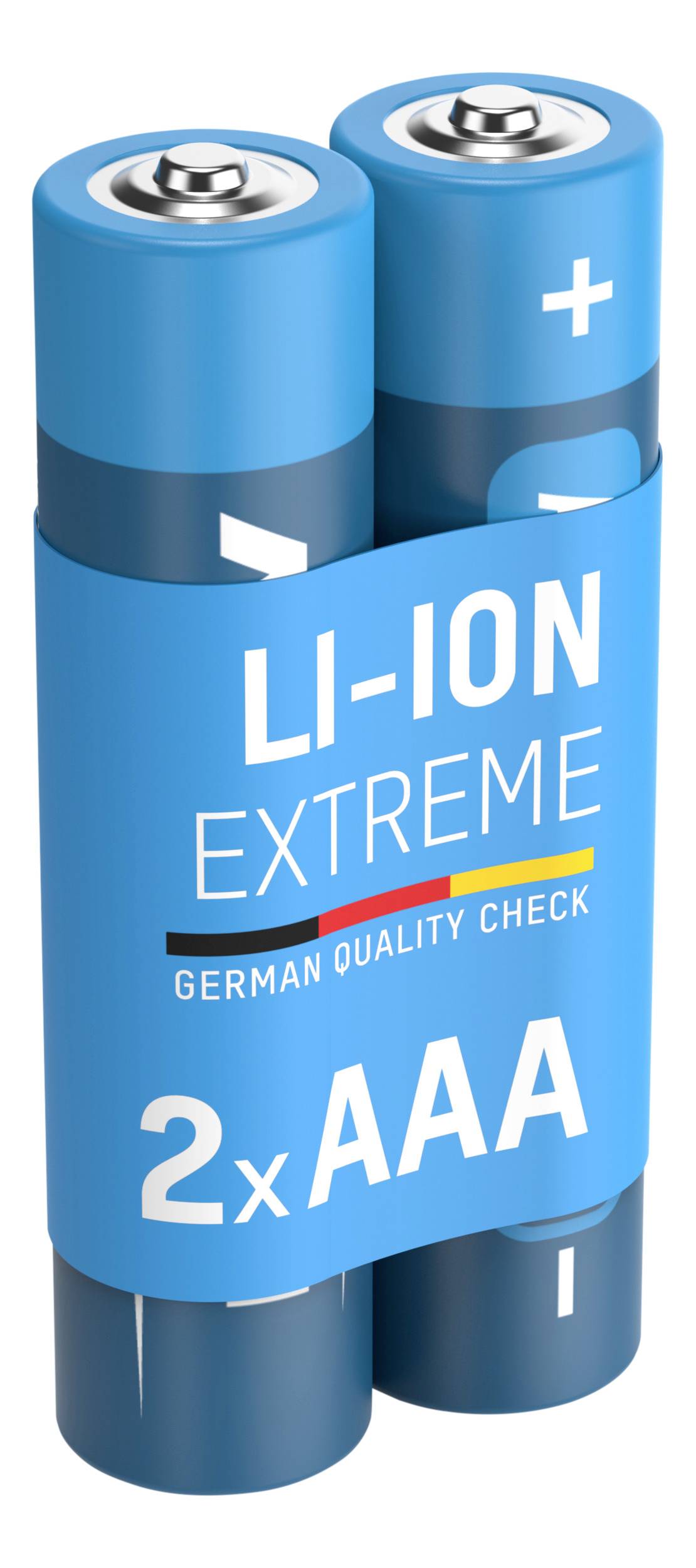 Zwei AAA-Lithium-Ionen-Batterien in blauer Verpackung mit der Aufschrift 'LI-ION EXTREME German Quality Check'.