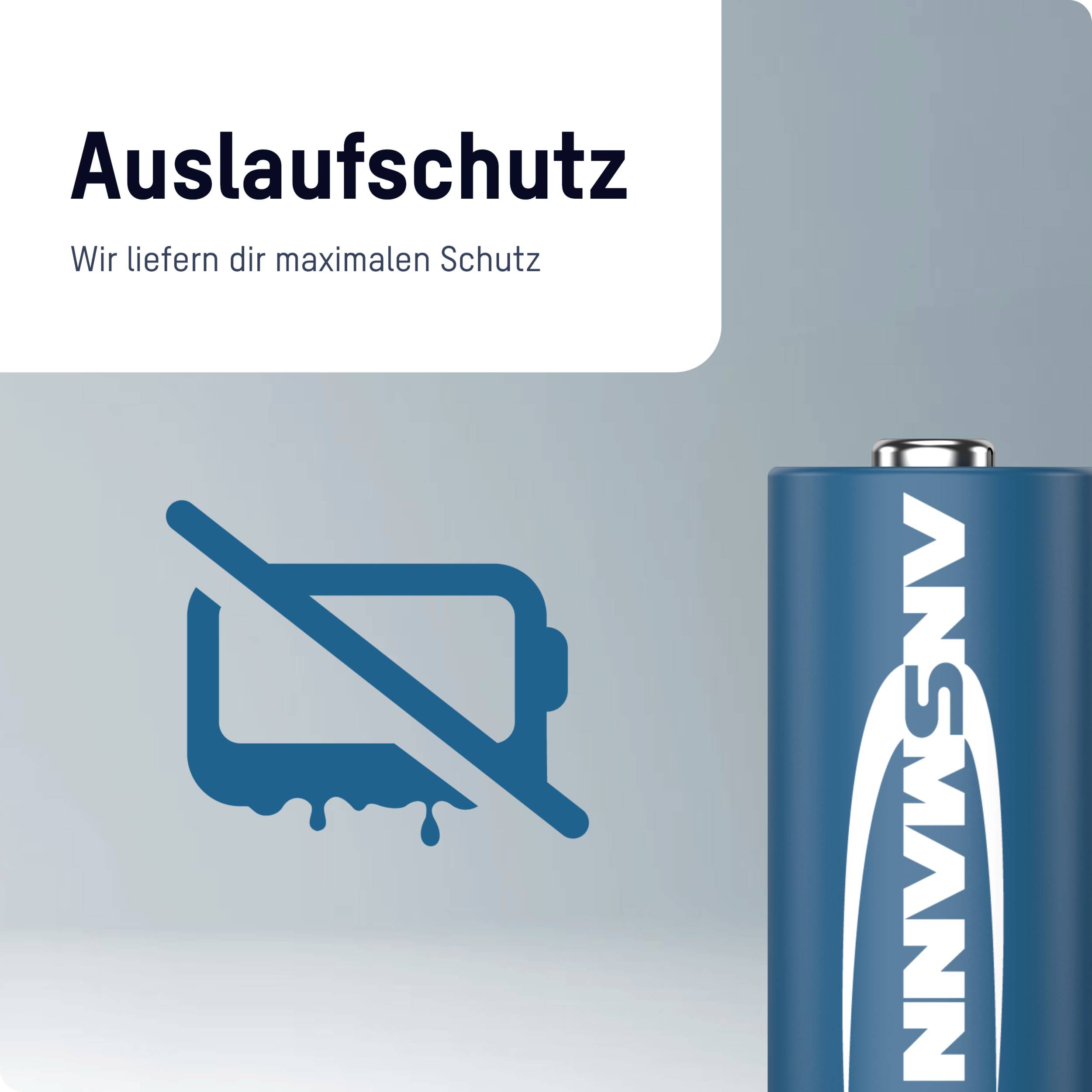 'Batterieschutz' wird gezeigt, mit durchgestrichenem Symbol für auslaufende Batterie. Text: 'Auslaufschutz. Wir liefern dir maximalen Schutz'.