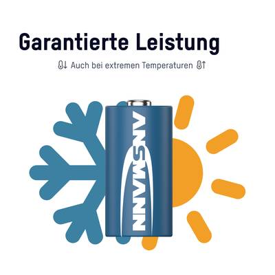 Eine Batterie mit einem Schnee- und Sonnensymbol daneben. Text: 'Garantierte Leistung - Auch bei extremen Temperaturen'.