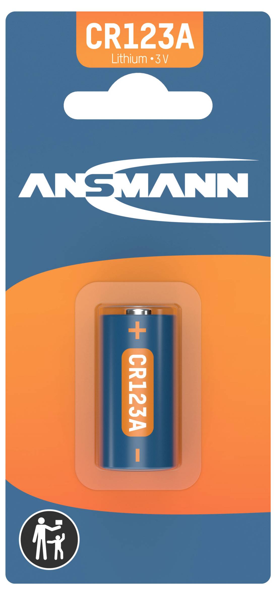 Bild einer CR123A Lithium-Batterie der Marke Ansmann in einer blau-orangefarbenen Verpackung.