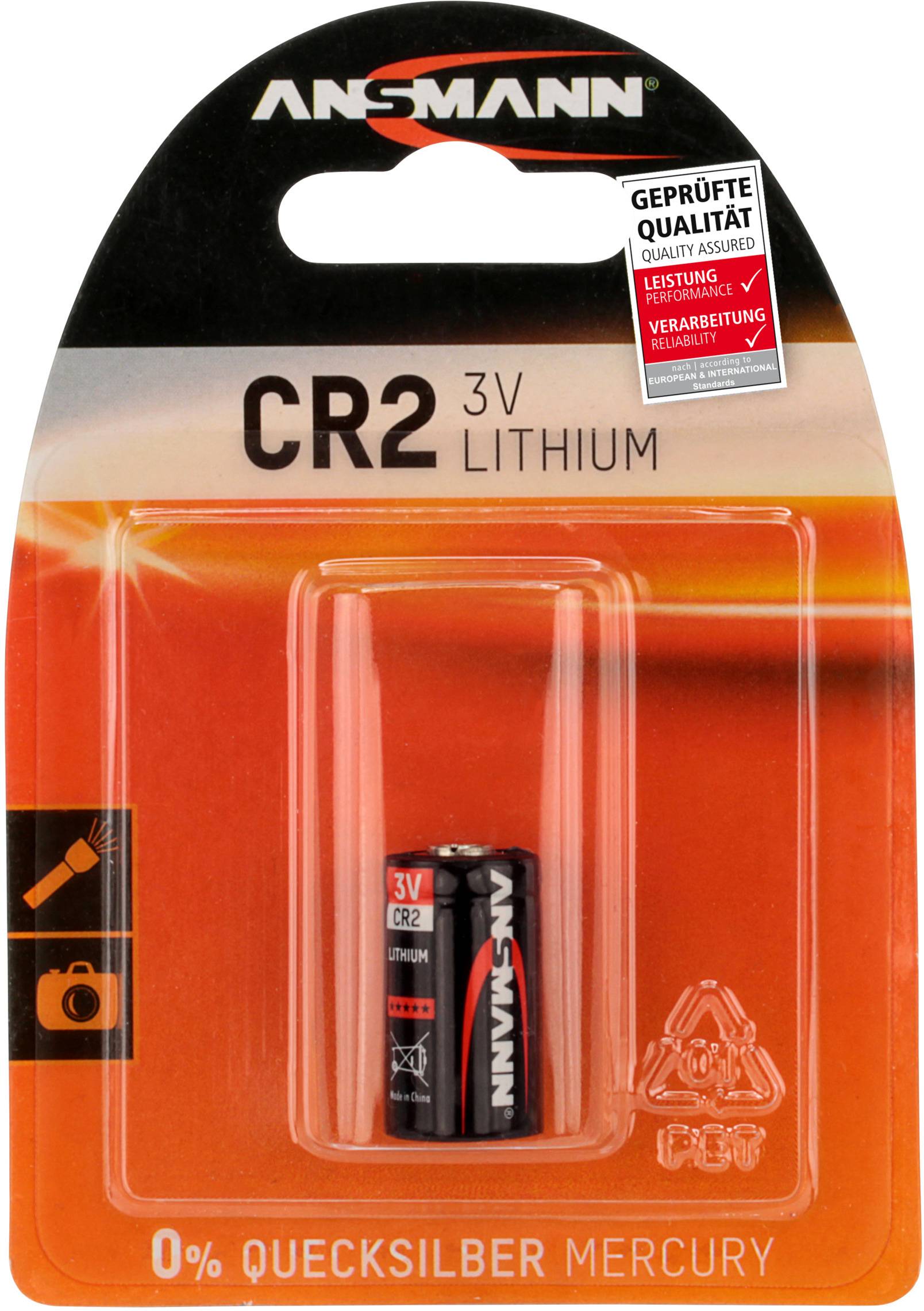 Eine CR2 3V Lithium-Batterie von Ansmann in Originalverpackung. Verpackung zeigt Symbole für Taschenlampen und Kameras.
