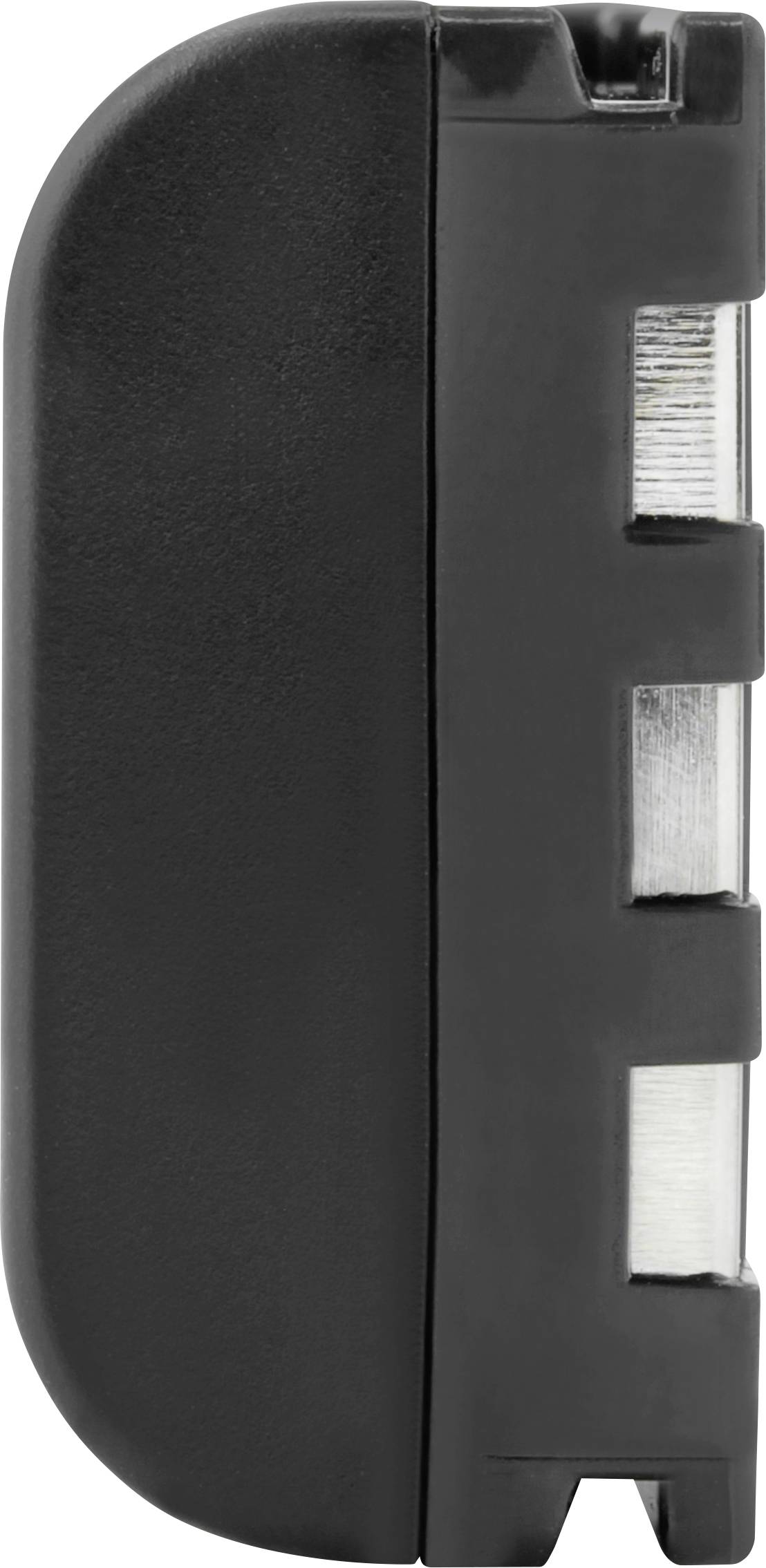 Ein schwarzer, rechteckiger elektronischer Adapter oder Stecker, seitlich dargestellt, mit drei sichtbaren Metallanschlüssen.