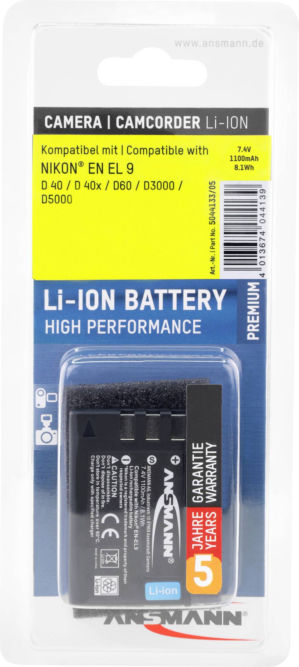 Verpackung für eine Lithium-Ionen-Kamera- und Camcorder-Akku, kompatibel mit Nikon EN-EL9. Enthält technische Spezifikationen und Garantiehinweis.