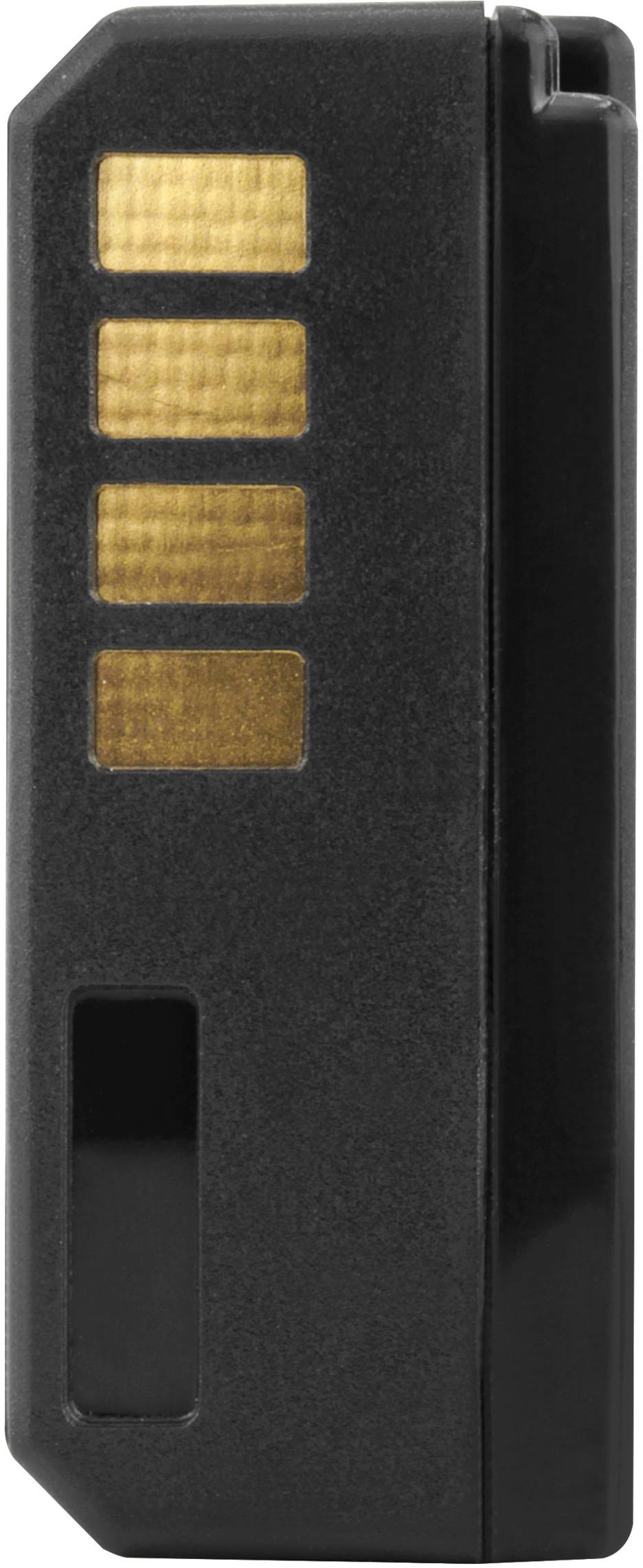 Ein kleiner, schwarzer USB-Adapter mit drei goldenen Kontakten und rechteckigem Design.