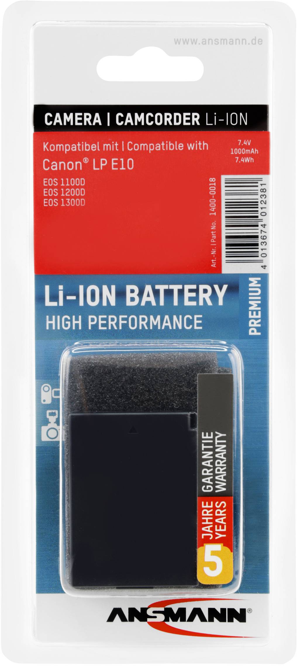 Verpackung einer Ansmann Li-Ion-Kamera-/Camcorder-Batterie, kompatibel mit Canon LP E10. Enthält Garantieinformation und Leistungshinweis.