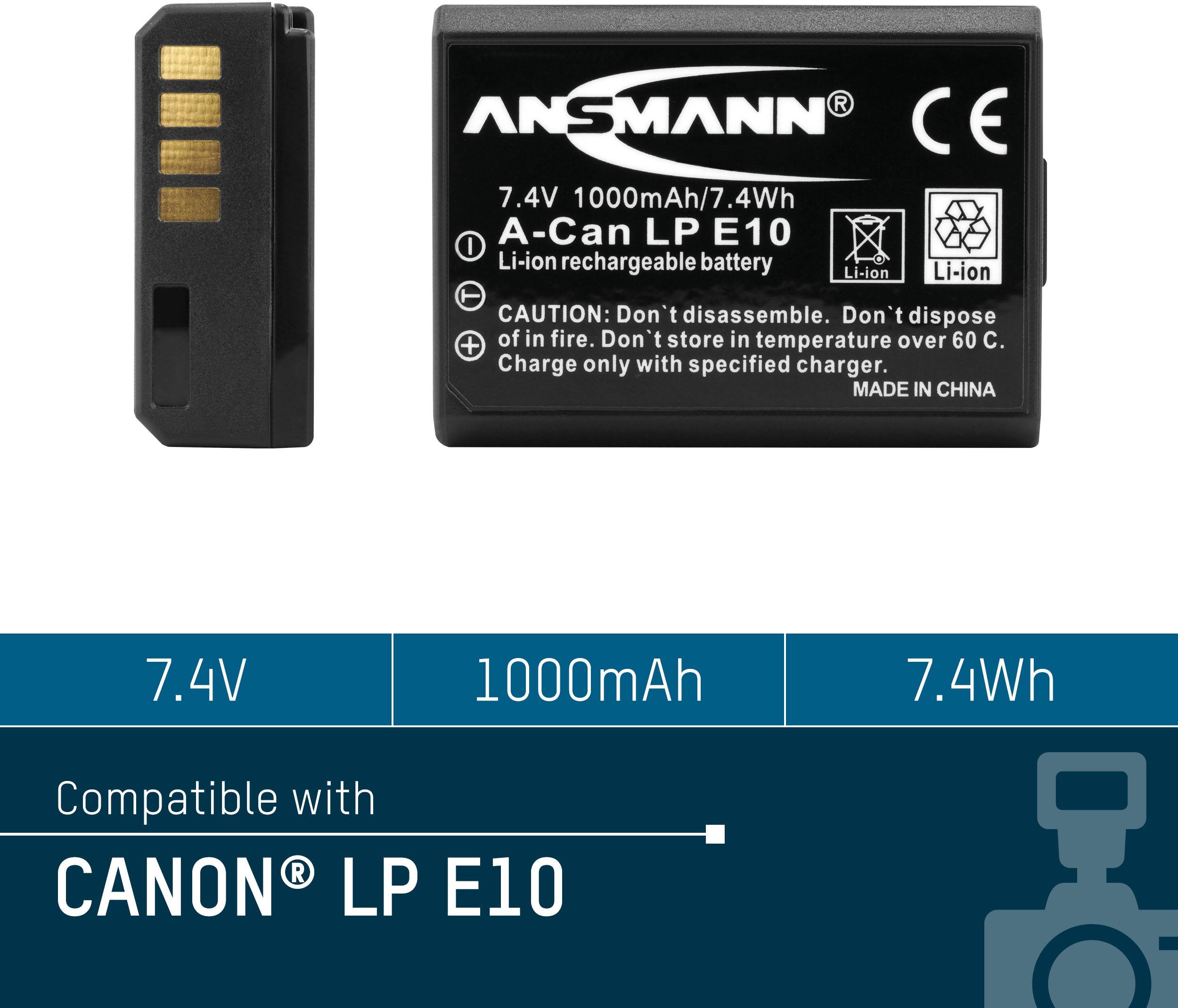 'Akkus für CANON LP E10: 7.4V, 1000mAh, 7.4Wh. Warnhinweis vor extremen Temperaturen. Nicht zerlegen.'