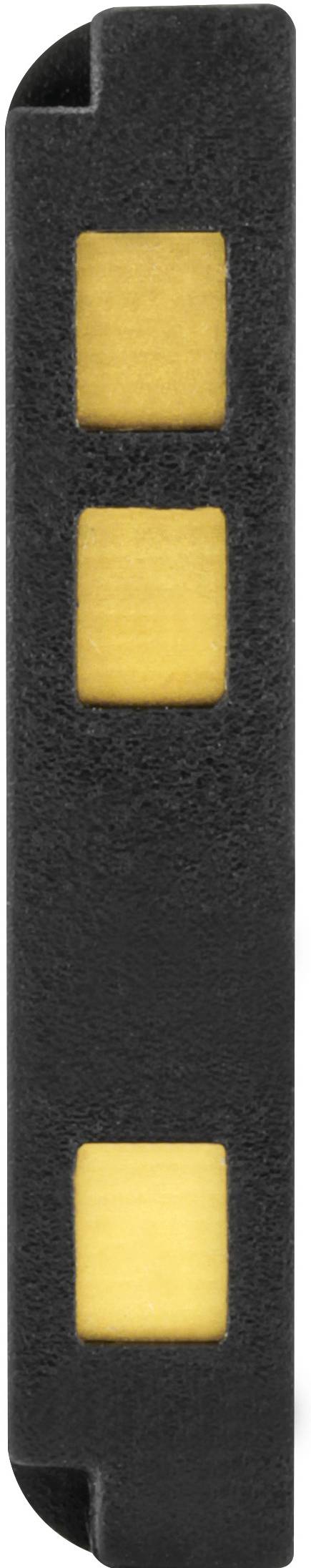 Ein schwarzes rechteckiges Objekt mit drei gelben Quadraten in vertikaler Ausrichtung.