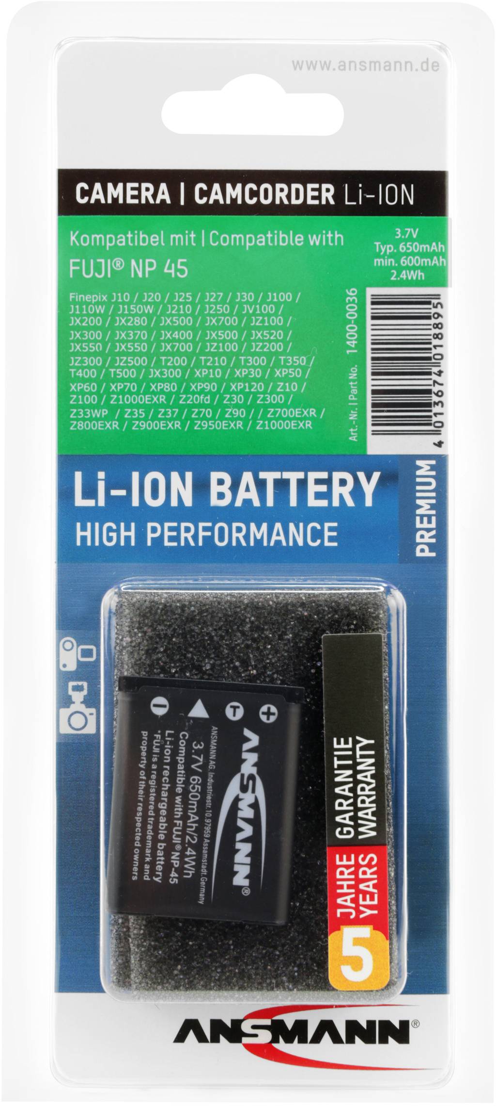 Verpackung einer Ansmann Li-Ion Batterie für Kamera/Camcorder. Kompatibel mit Fuji® NP 45. Inklusive 2 Jahre Garantie.