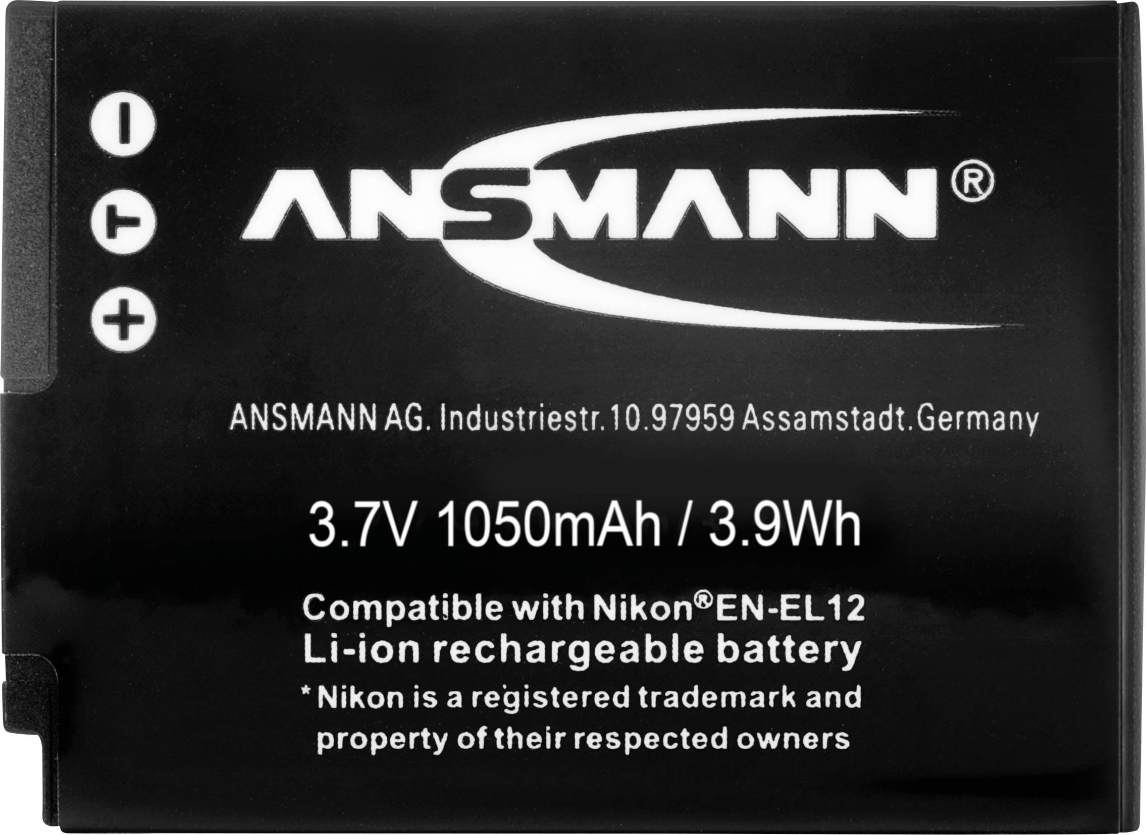 Schwarze Ansmann-Li-Ionen-Akku mit 3,7V, 1050mAh, kompatibel mit Nikon EN-EL12. Text: 'Li-ion rechargeable battery'.