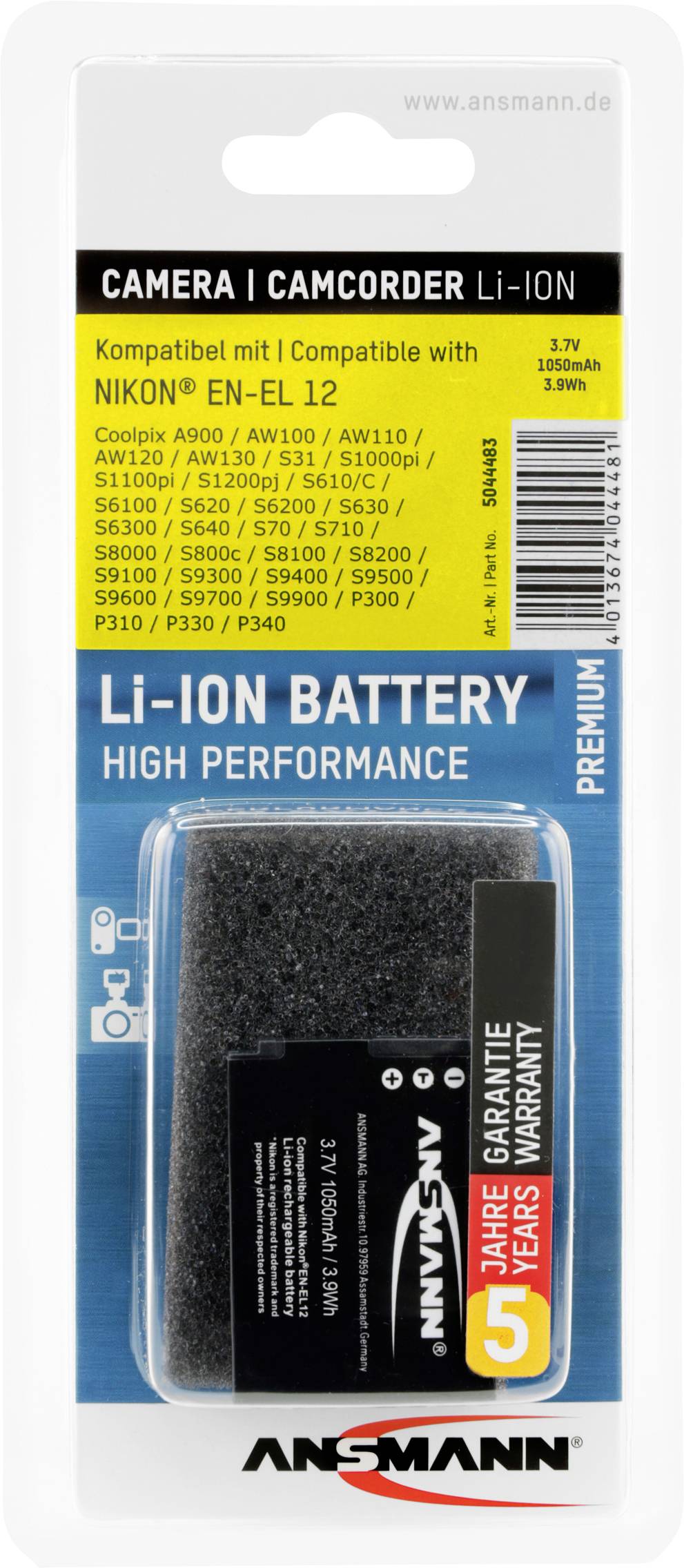 Verpackung einer Ansmann Li-Ion Akku, kompatibel mit Nikon EN-EL 12. Beschriftung mit Spannung und Kapazität. Drei Jahre Garantie.