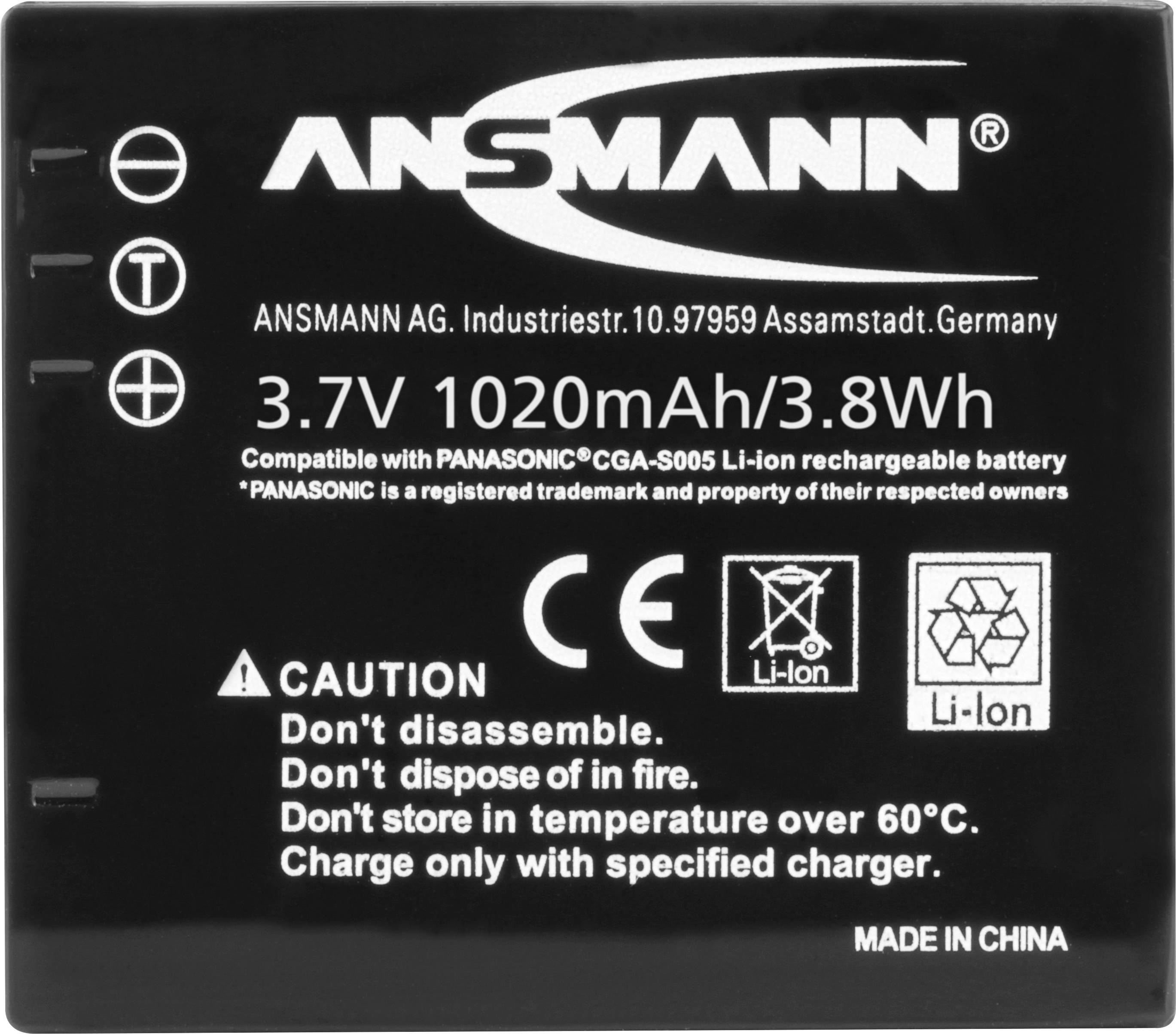 Schwarzer Akku mit der Aufschrift 'ANSMANN 3.7V 1020mAh/3.8Wh'. Warnhinweise: Nicht zerlegen, ins Feuer werfen oder über 60°C lagern.