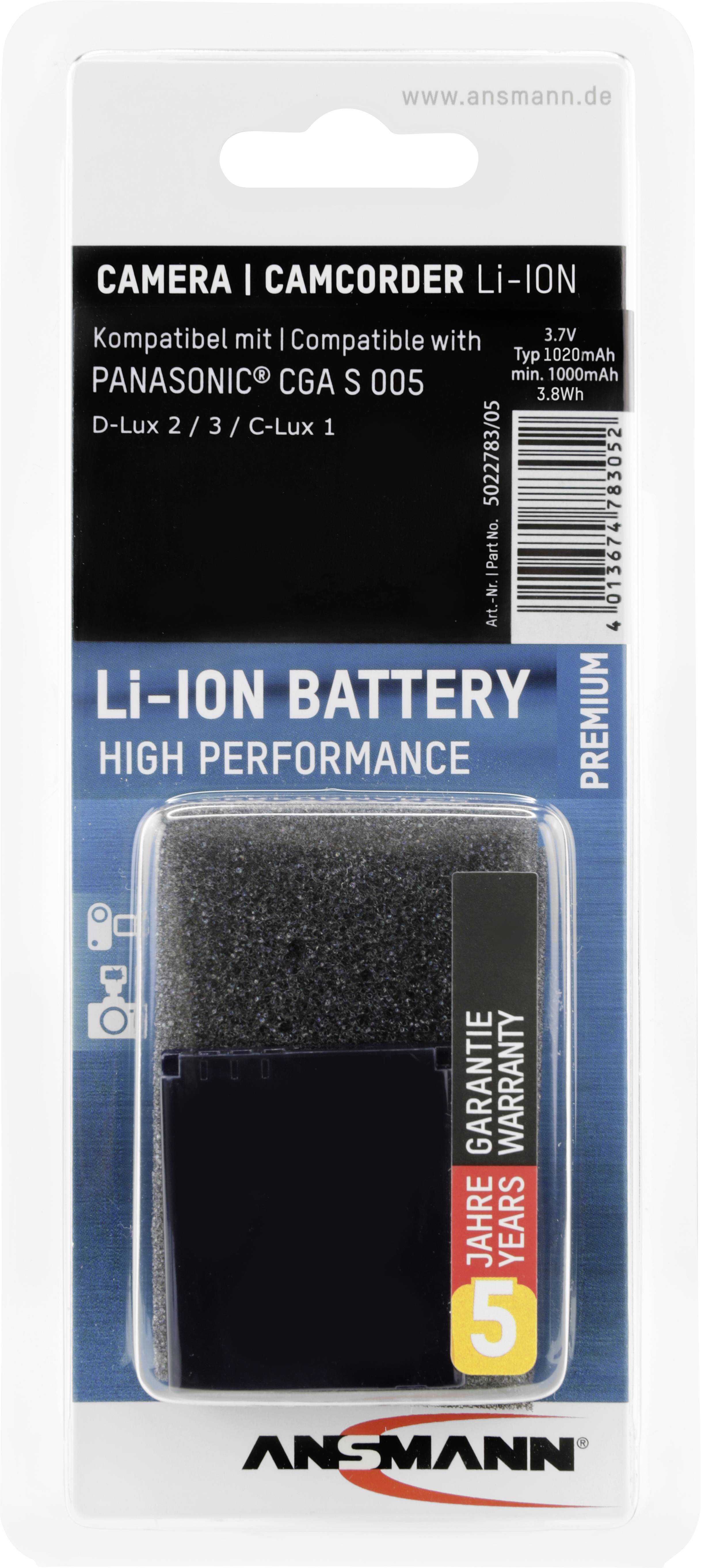 Verpackung einer Ansmann Lithium-Ionen-Batterie für Kamera/Camcorder, kompatibel mit Panasonic CGA S 005, mit 3 Jahren Garantie.