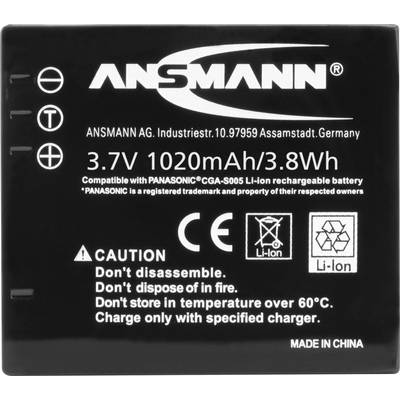 Schwarzer Akku mit der Aufschrift 'ANSMANN' und technischen Spezifikationen: 3,7V, 1020mAh, 3,8Wh, kompatibel mit PANASONIC CGA-S005.