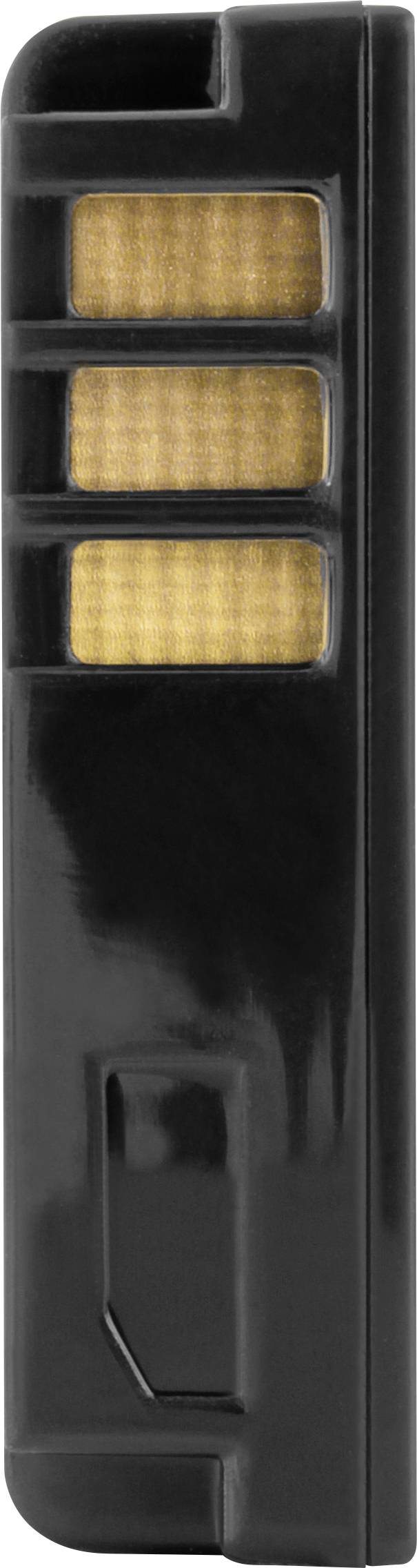 Schwarzer USB-Stick mit goldfarbenem Kontakt auf weißem Hintergrund.