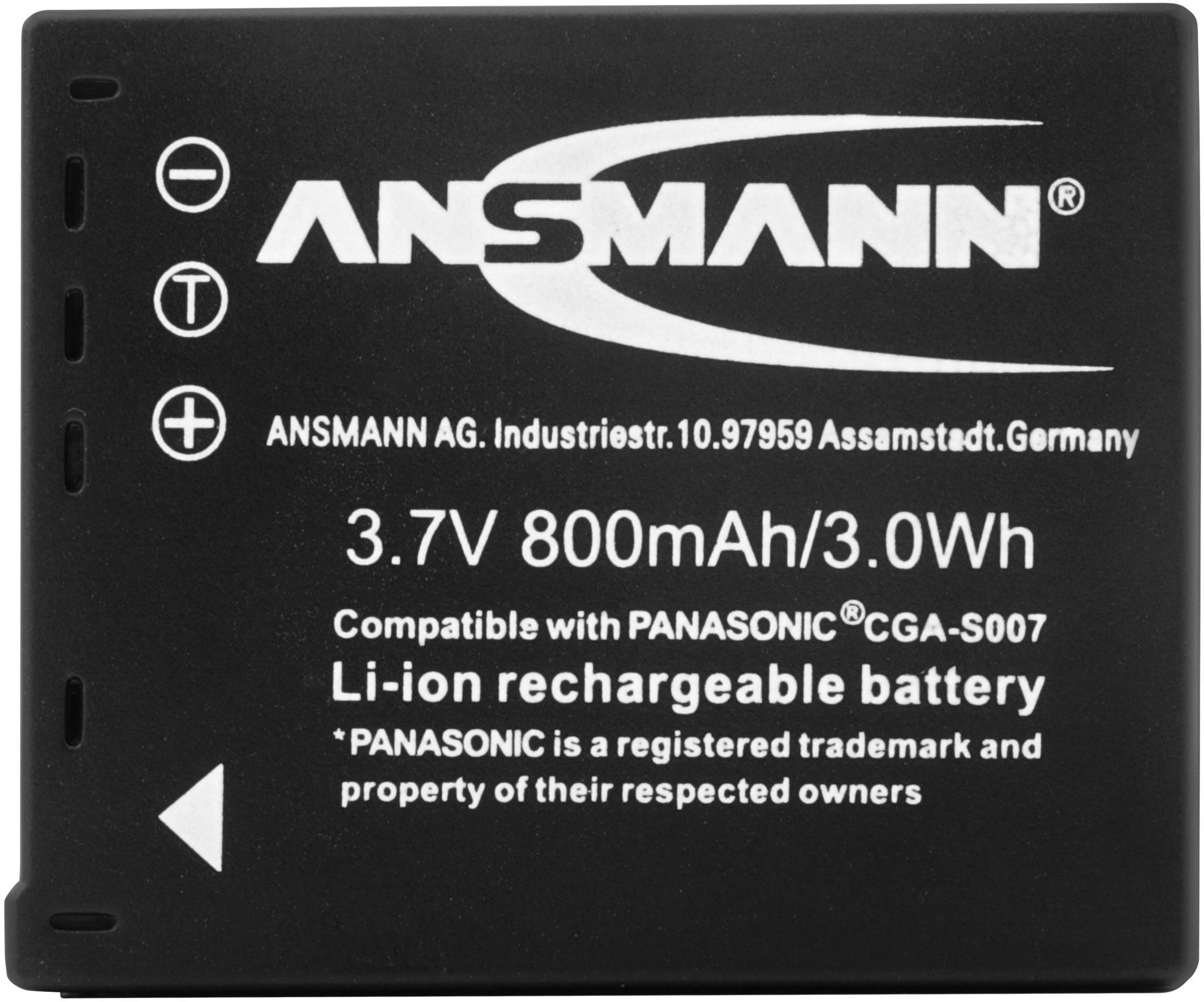Akku mit Aufschrift 'ANSMANN', 3.7V, 800mAh/3.0Wh, kompatibel mit PANASONIC CGA-S007, Li-Ion, wiederaufladbar.