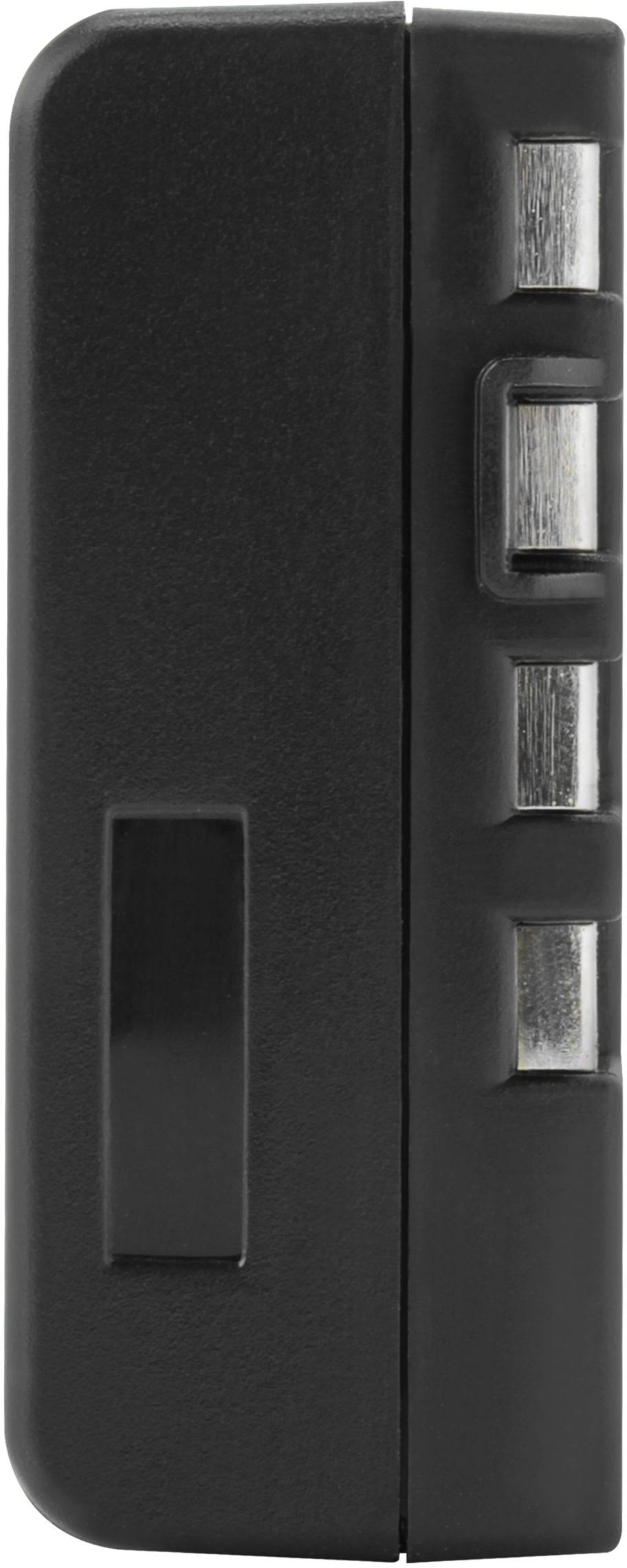 Schwarzes elektronisches Gerät mit drei silbernen Knöpfen an der Seite. Wahrscheinlich handelt es sich um eine Fernbedienung oder einen Timer.
